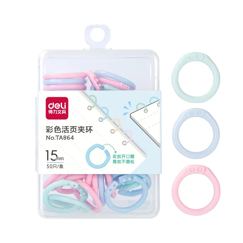 Deli TA864 50pcs/Box 15mm Colored Loose-Leaf Clip Ring Plastic File Binding Ring School Use 288box*50pcs=14400pcs Per Carton Set