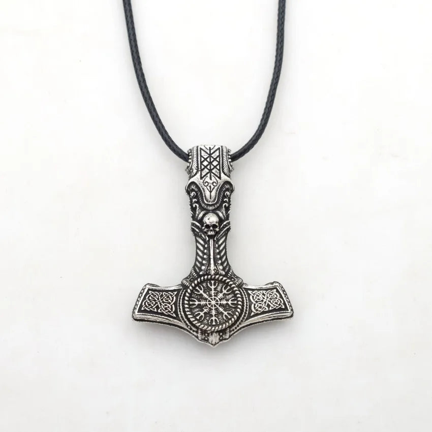 Norse Viking Amulet Thor Hammer Skull Pendant Necklace Scandinavian Compass Men's Jewelry