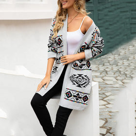 2025 Women's Long Midi Knitted Aztec Pattern Jacquard Cardigan Sweater Jacket