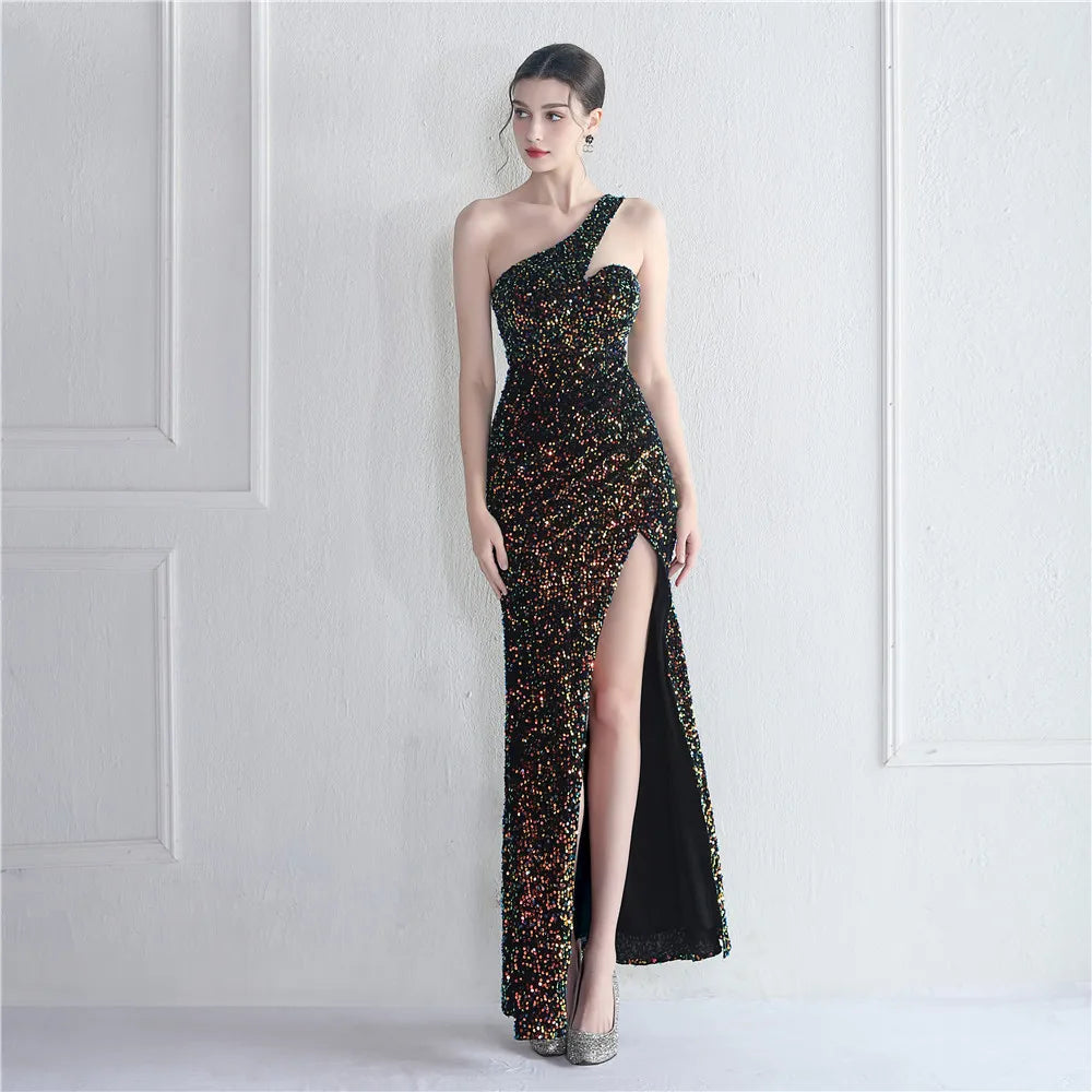19856# Velvet Sole Beads Magic Color Shoulder Party Wedding Dinner Fishtail Long Evening Dress