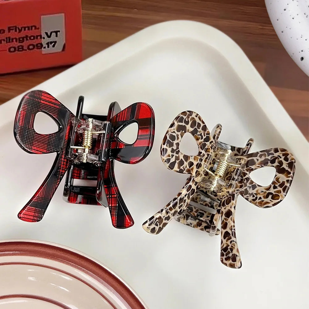 YHJ Bow Design Acetate Exquisite Plaid Pattern Claw Eco-Friendly Acetate Clip Elegant Acetate Hair Claw Clips for Girls
