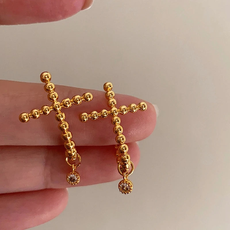 18K Gold Plated Shiny Zircon Cross Earrings Small Beads Geometric Ball Earrings Women French Religious Vintage Jewelry 2023 Hot