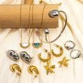 2024 Waterproof Stainless Steel Jewelry Gold Plated Starfish Earrings Open Bracelets Bangles Natural Shell Fan Weddings Zircon