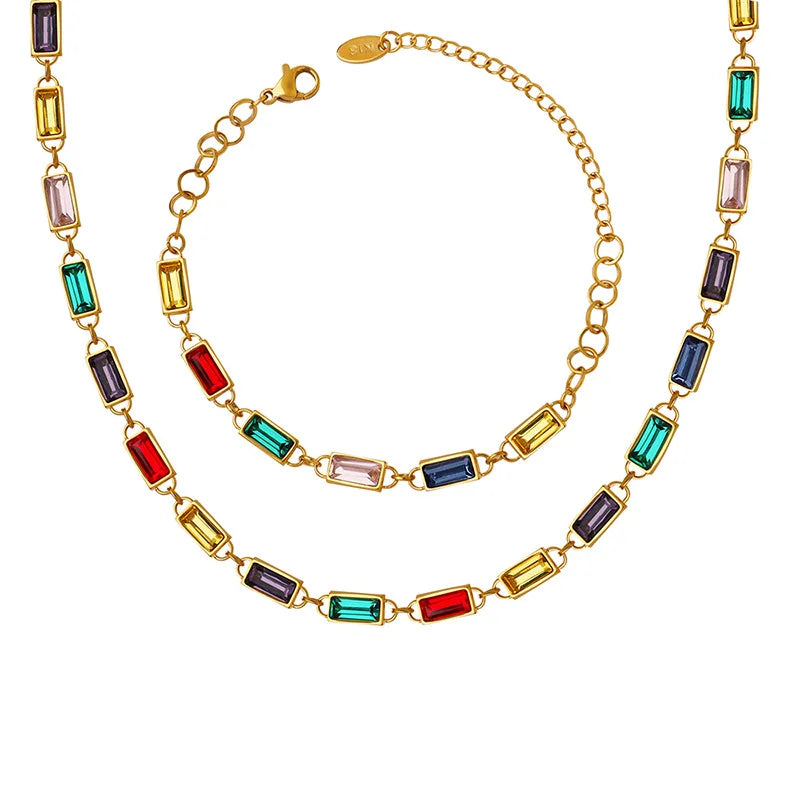 Luxury 8MM Square Colorful Zircon Bracelet for Women Girl Adjustable Stainless Steel Cubic Zircon CZ Bracelet Jewelry Set