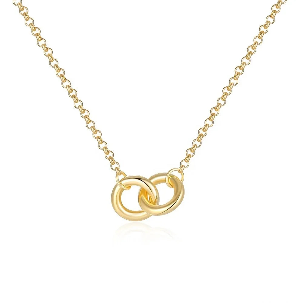 Hot Selling S925 Sterling Silver Double Ring Necklace Simple Fashionable Gold Plated Link for Engagement Gift Featuring Zircon