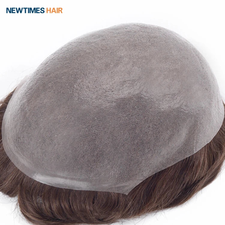 120% Medium Density Indian Human Hair Piece Weave Natural Color Toupee Patch System Men Short Wave Style Thin Skin Virgin Model