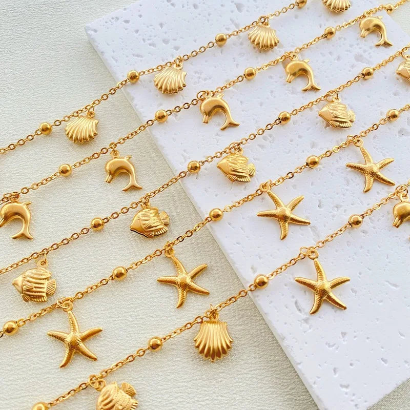 Fashion Girl Women 18K Gold Plated  Titanium Steel Anklet Starfish Dolphin Scallop Fish Pendant Ocean Style Anklet