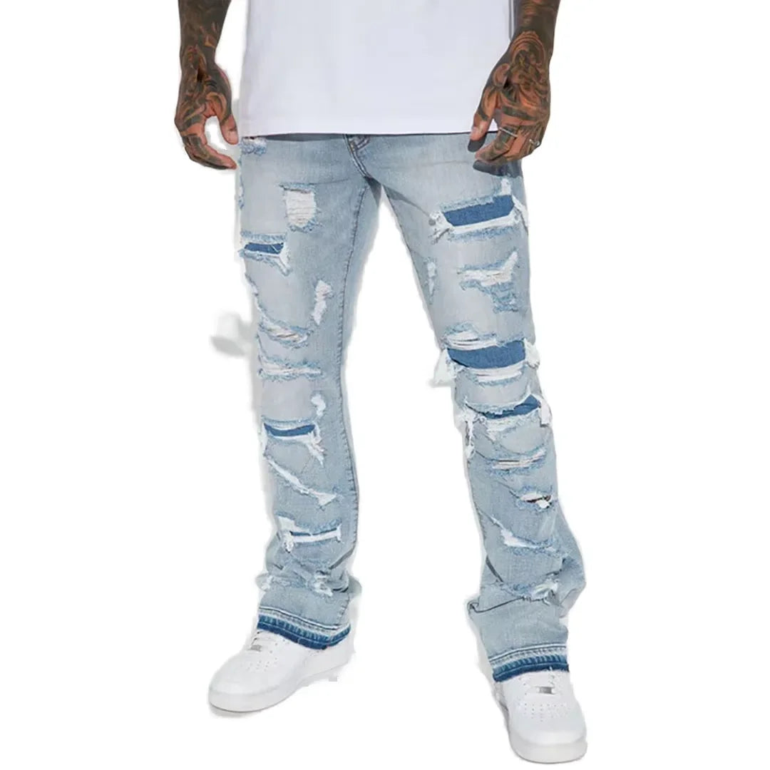 High Quality Distressed Jeans Light Wash Ripped Stacked Denim Jeans Men Flare Jeans Custom