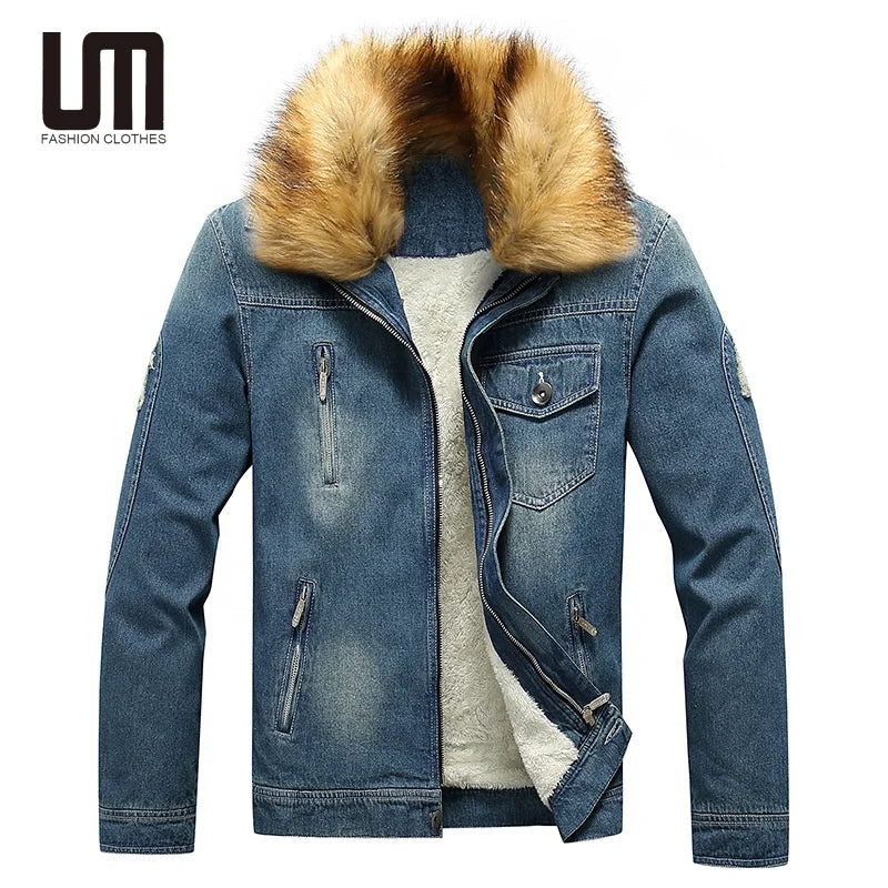Liu Ming New Stylish 2025 Winter Men Clothing Outwear Plus Size Fur Collar Fleece Thick Warm Denim Jeans Jacket and Coats