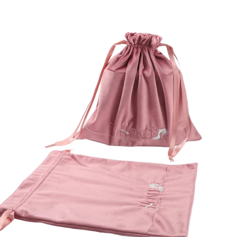 Customized Embroidery Logo Velvet Shoes Dust Packaging Bag Soft Pink Gift Drawstring Bag Luxury Velvet Pouch
