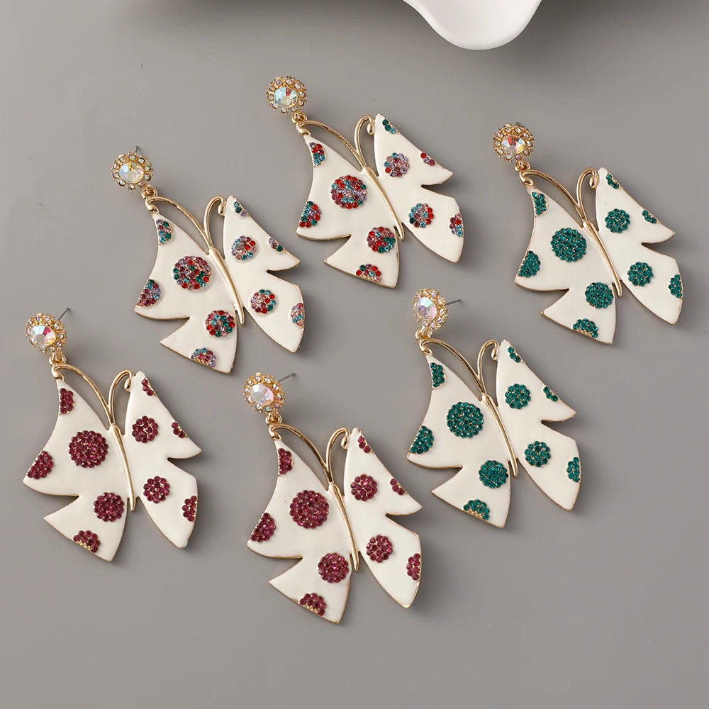 Creative Gold-Plated Butterfly Earrings for Women White Enamel with Bling Rhinestone Crystal Pearl Set As Main Stone Drop Style