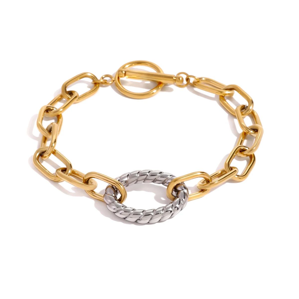 J&D Dainty Stainless Steel Jewelry Two Tone Bracelet 18K Gold Asymmetric Pearl Cuff Bracelet Women