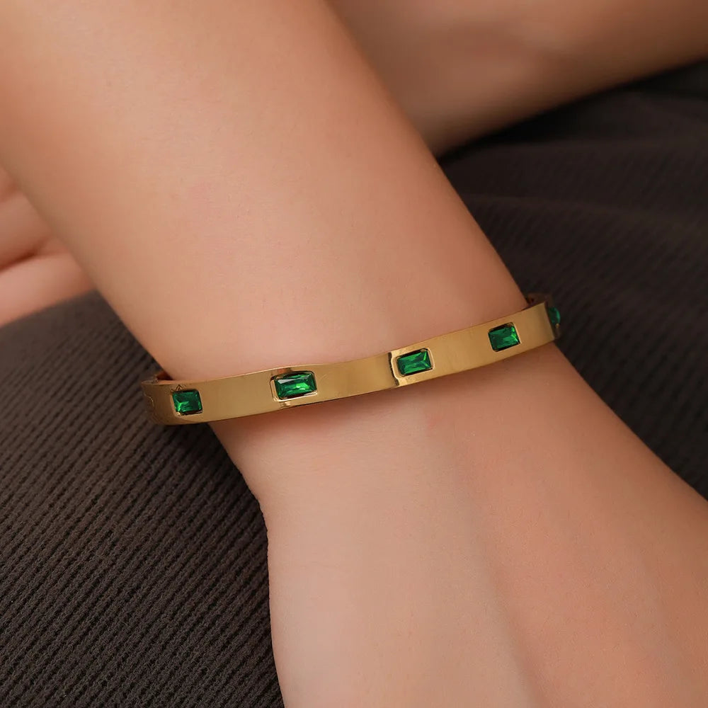 French Retro Style Ins Fashion Stainless Steel Bangle with Green Zircon Green Zircon Bracelet
