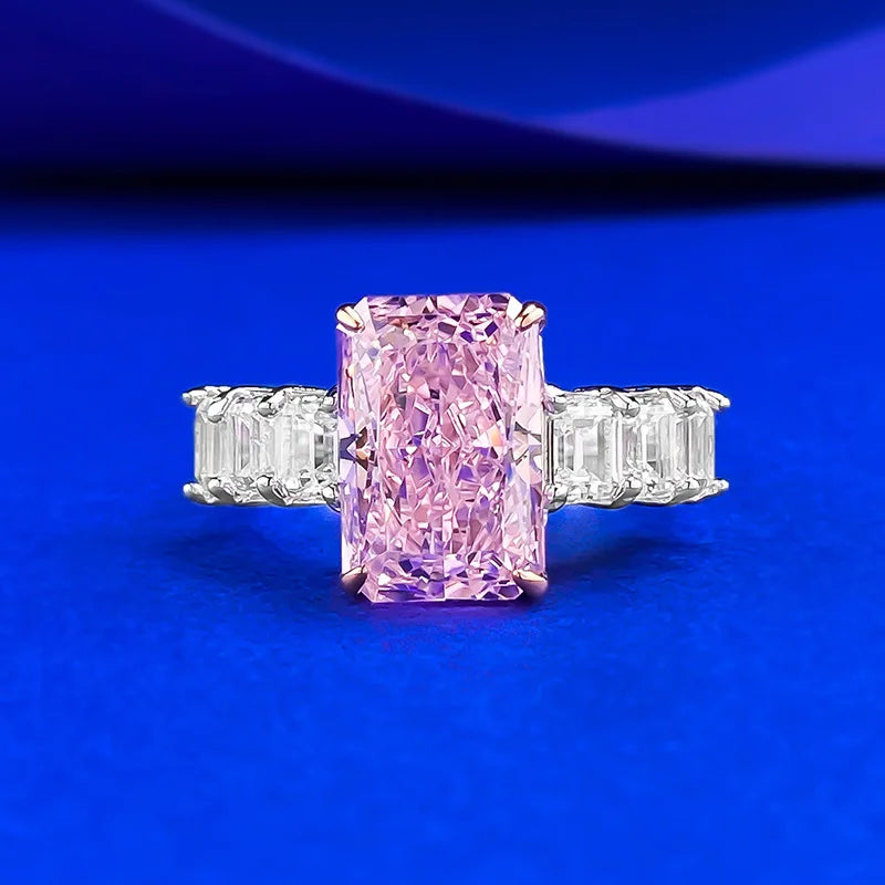 925 Sterling Silver Pink Zirconium 8*12mm Rectangular Ice Flower Cut Ring