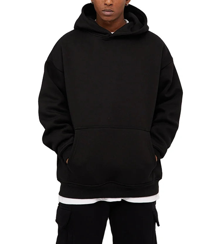 Men's Heavy Weight 500 GSM Oversized Black Fleece Hoodie Simple Style American Basic Solid Color for Autumn Season