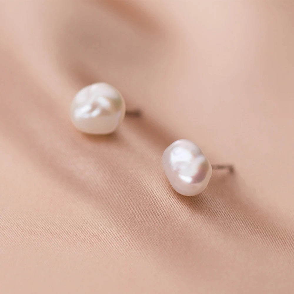 Elegant 925 Sterling Silver Baroque Studs Freshwater Pearl Earrings