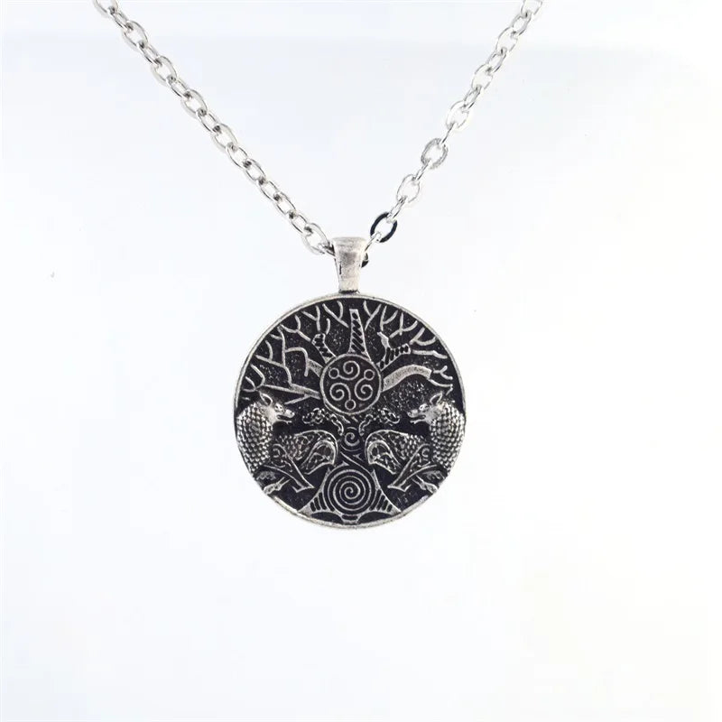 Wicca Pagan Jewlery for Men Women Viking World Tree Double Wolf Pendant Necklace