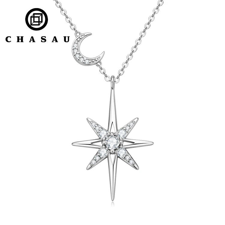 Hot Selling Fashion 3mm 0.10ct Vvs D Color Moissanite Necklace Sterling Silver Star & Moon Pendant Necklace Jewelry Gifts