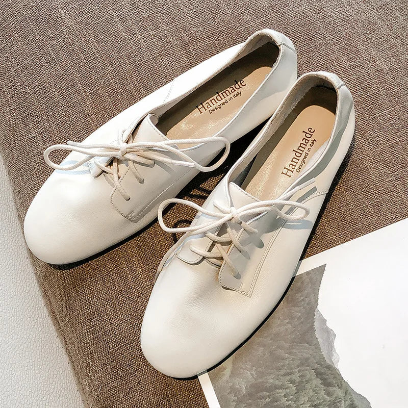 Inside and Out Full Leather Women's Shoes Round Toes Front Lace-up Deep Mouth Single Shoes Flat Small Leather Shoes