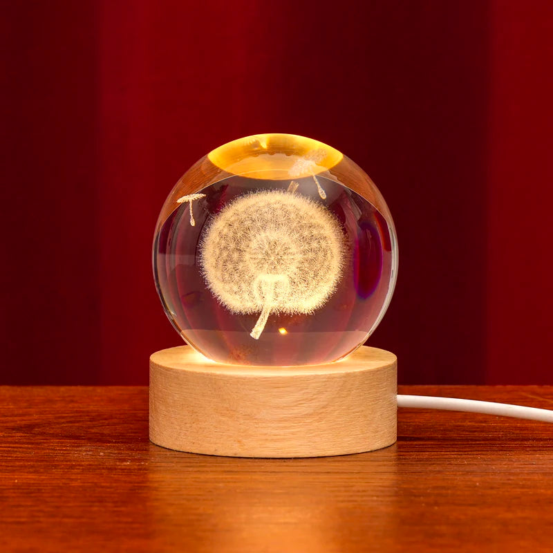 Small Bridge Wholesale 3D Galaxy Dandelion Crystal Glass Ball Stand Custom Carving Wooden LED Light Crystal Crafts