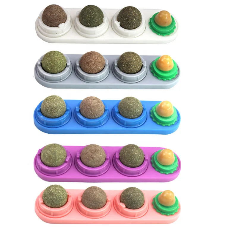 Wholesale 4 in 1 Natural Edible Catnip Balls Wall-mounted Rotatable Safe Healthy Cat Catnip Wall Ball Toys