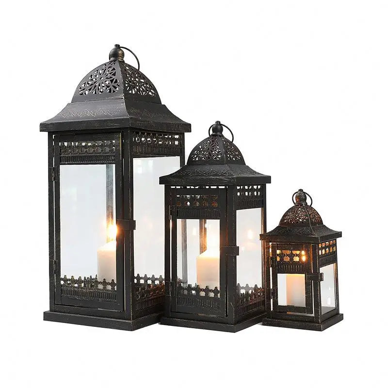 Luxury Living Room Black Metal and Clear Tempered Glass Candle Lanterns Hanging Lantern Home Outdoor Decor