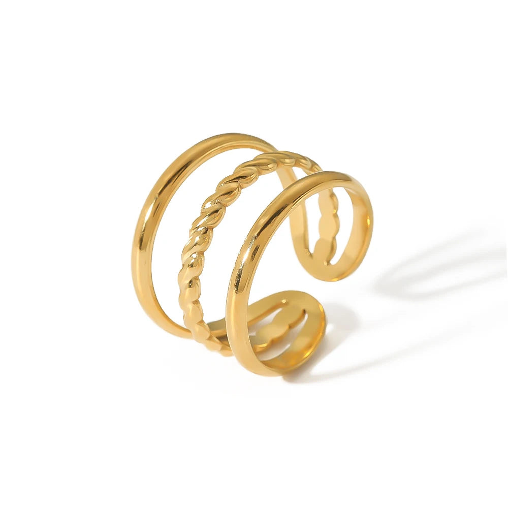 Minimalist Stainless Steel 18K Gold Plated Geometric Three Layer Lines Unique Open Rings Girl Jewelry Gift