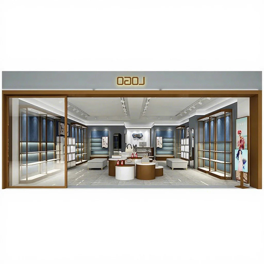 China Manufacturer Wall Mounted Stainless Steel Wooden Display Shoes Shop Display Cabinet Bag Boutique Store Showcase Shelf