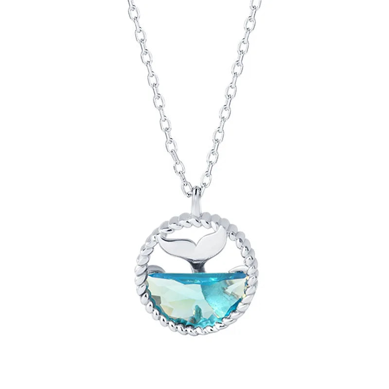 Fine Blue Tears Mermaid Jewelry 925 Sterling Silver Mermaid Tail Disc Pendant Clavicle Chain Necklace for Women Gifts