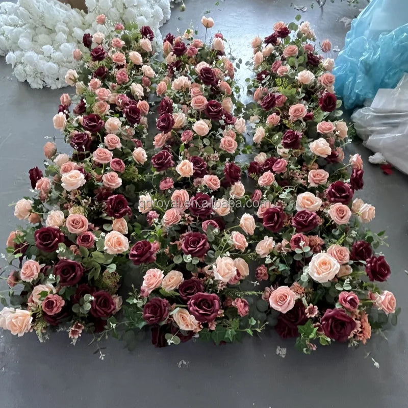 Custom Modern Faux Pink White Floral Row Arrangement Artificial Silk Rose Flower Runner for Wedding Table Party Event Aisle