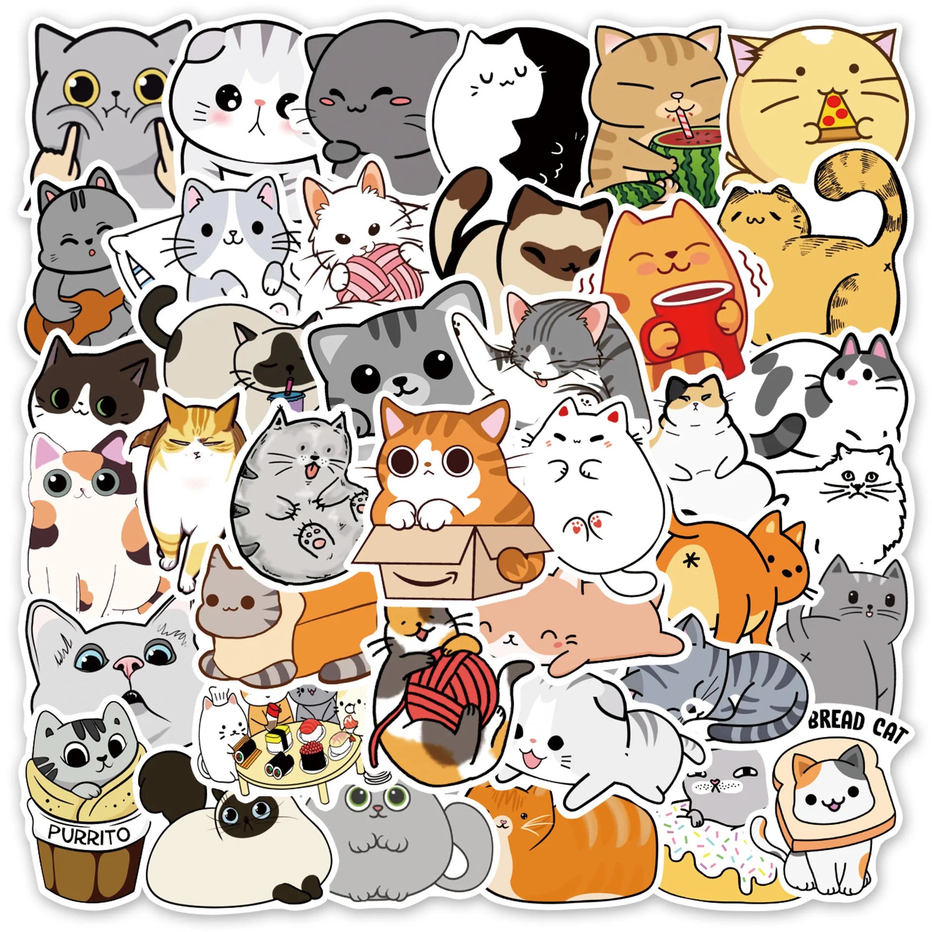 50pcs Cute and Funny Little Cat PVC High-quality Durable Stickers for Skateboard Guitar Suitcase Water Bottle and Books