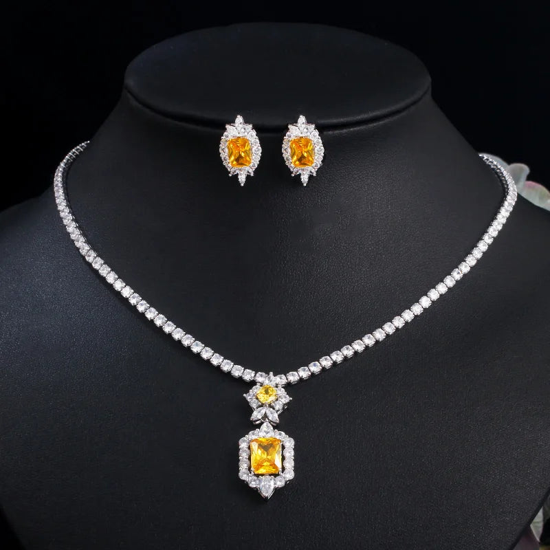 Shiny Quality Yellow Cubic Zirconia Crystal Round Tennis Necklace and Earrings Jewelry Set for Women CZ Wedding Party Accessory