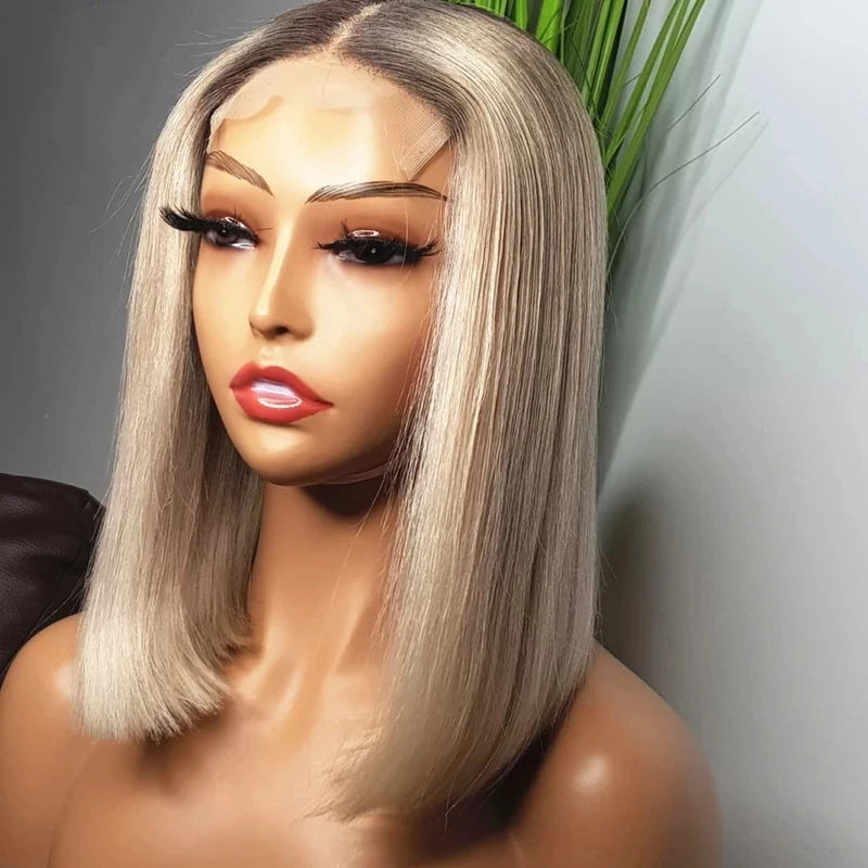 Ombre Platinum Blonde Color Cuticle Aligned Virgin Human Hair Short Bob Lace Front Wigs