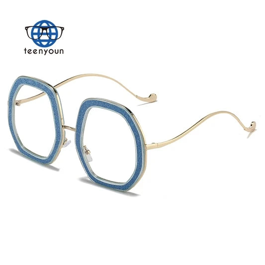 Teenyoun Polygon Goose Egg Large Frame Decorative Optical Glasses Personality Rhinestone Anti-Blue Light Eyewear
