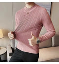 S-3XL Striped Versatile Men's Half High Neck Long Sleeve Sweater Mid Neck Slim Knit Bottom Shirt