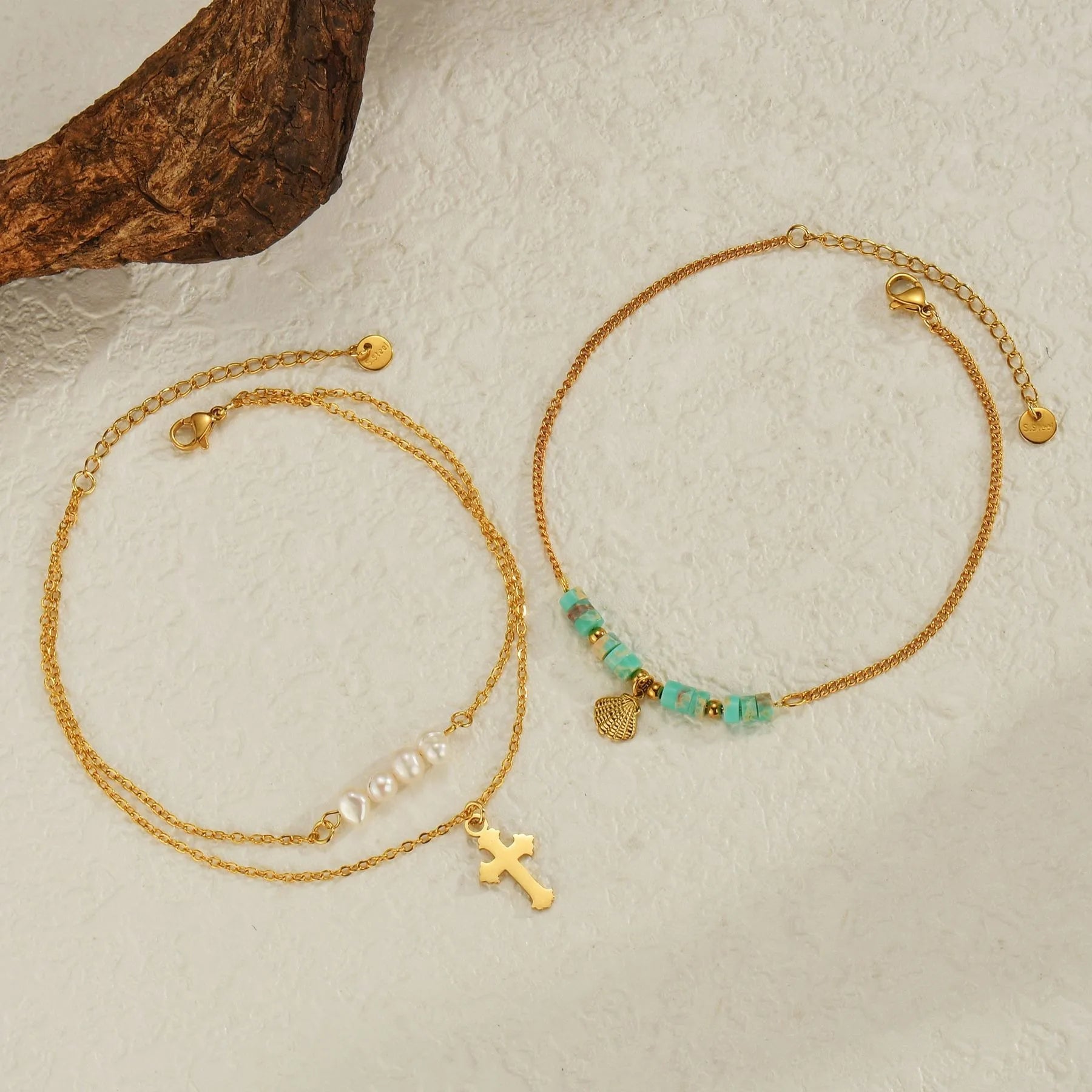Stainless Steel 18K Gold Plated Irregular Natural Freshwater Pearl Cross Sea Ocean Shell Anklets Foot Chains