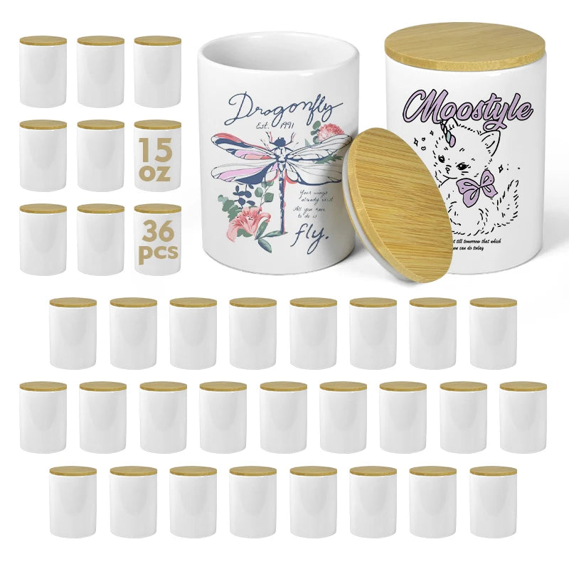 36pcs/ctn 15oz Sublimation Candle Jar Ceramic Holders with Bamboo Lids Sublimation Candle Container