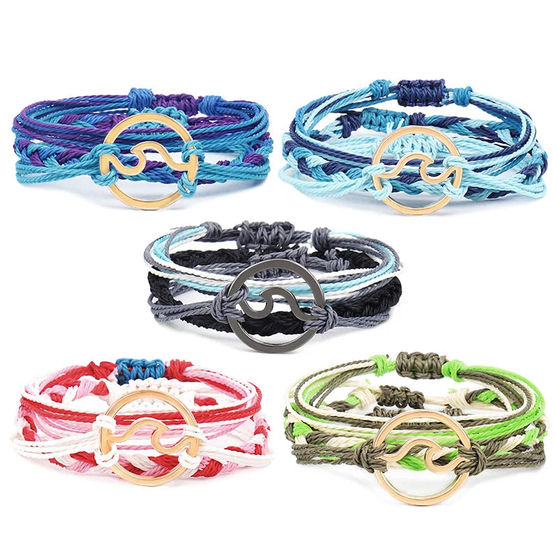 Fashion Handmade Adjustable Colorful String Wax Cord Charm Ocean Wave Bracelet Jewelry for Woman