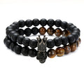 European Punk Men's Fashionable 2pcs Set Elastic 8mm Black Agate and Tiger Eye Stone Skull Bracelets Classic Bangle Style