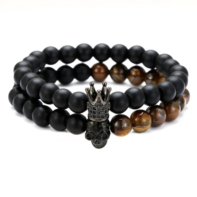 European Punk Men's Fashionable 2pcs Set Elastic 8mm Black Agate and Tiger Eye Stone Skull Bracelets Classic Bangle Style