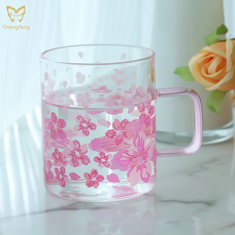 Magical Heat Activated Color Changing Glass Mug  340ml Color-changing Cherry Blossom Drinking Cup Coffee Tea Cup Great Gift