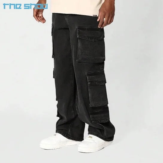 High Quality Fashion Custom Boot Cut Plus Size Multy Pocket Washed Straight Leg Cargo Pants Mens Denim Baggy Stack Jeans