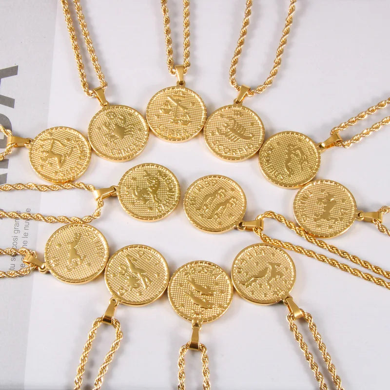 2023 Ins Rope Chain Necklace Stainless Steel Round Pendant Necklace 12 Star Sign Necklace