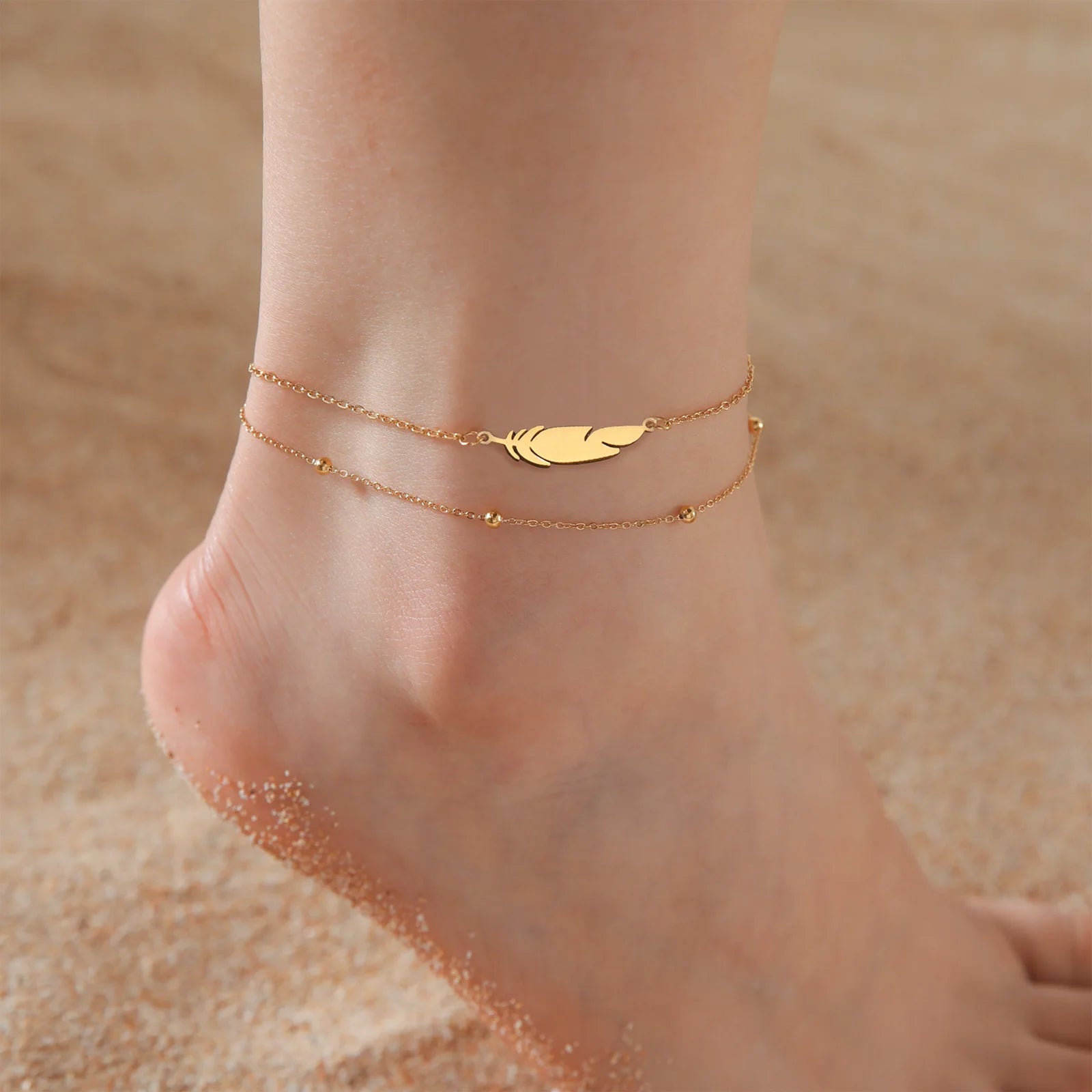 Stainless Steel Double Layer Feather Anklet Beads Chain Trendy Summer Holiday Beach Anklet Foot Accessory for Women