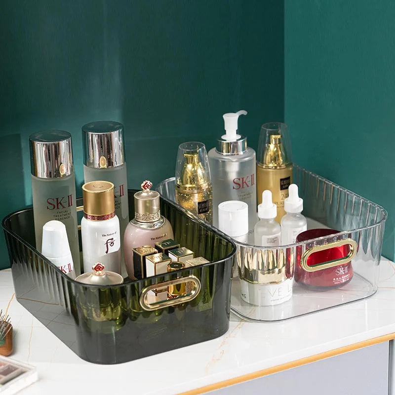 PET Plastic Green Rectangle Bathroom Organizer Bins with Diamond Pattern and Handle Stackable Design for Pantry Makeup Storage