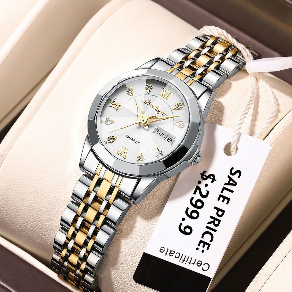 Poedagar Watch Women Diamond Luxury  Ladies Watch Stainless Steel Quartz Watches Waterproof Calendar Luminous for Womens Clock