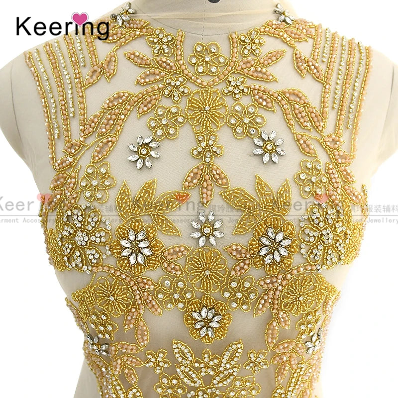 OEM Design Fashion Gold Color Beautiful Design Prom Beaded Bodice Applique WDP-219