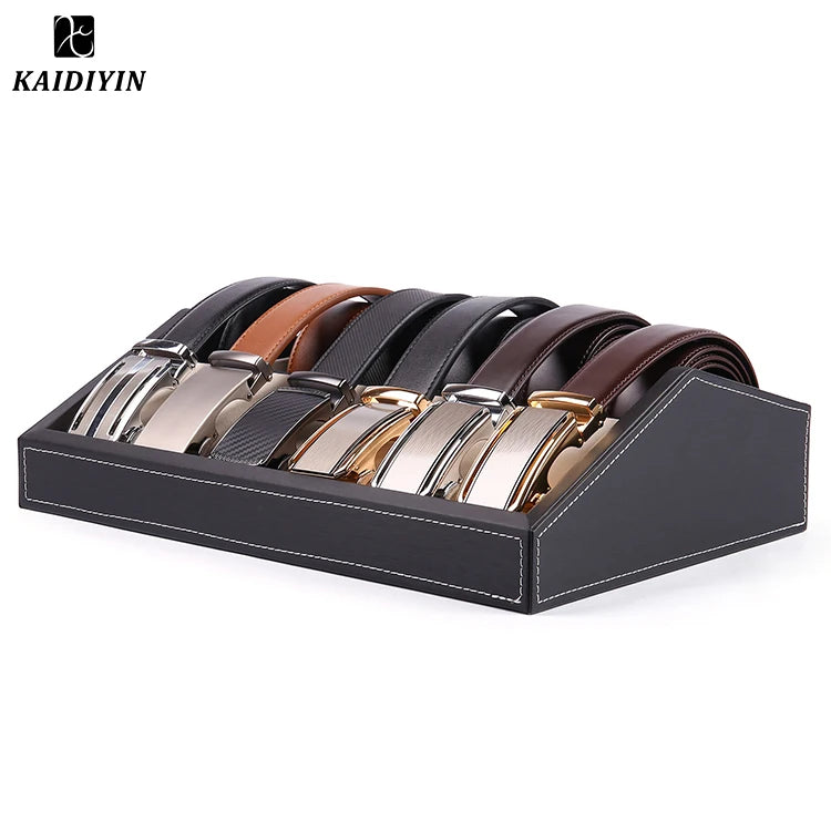 Multi-compartment Modern Portable Wood & PU Leather Belt Display Stand Box for Men & Women