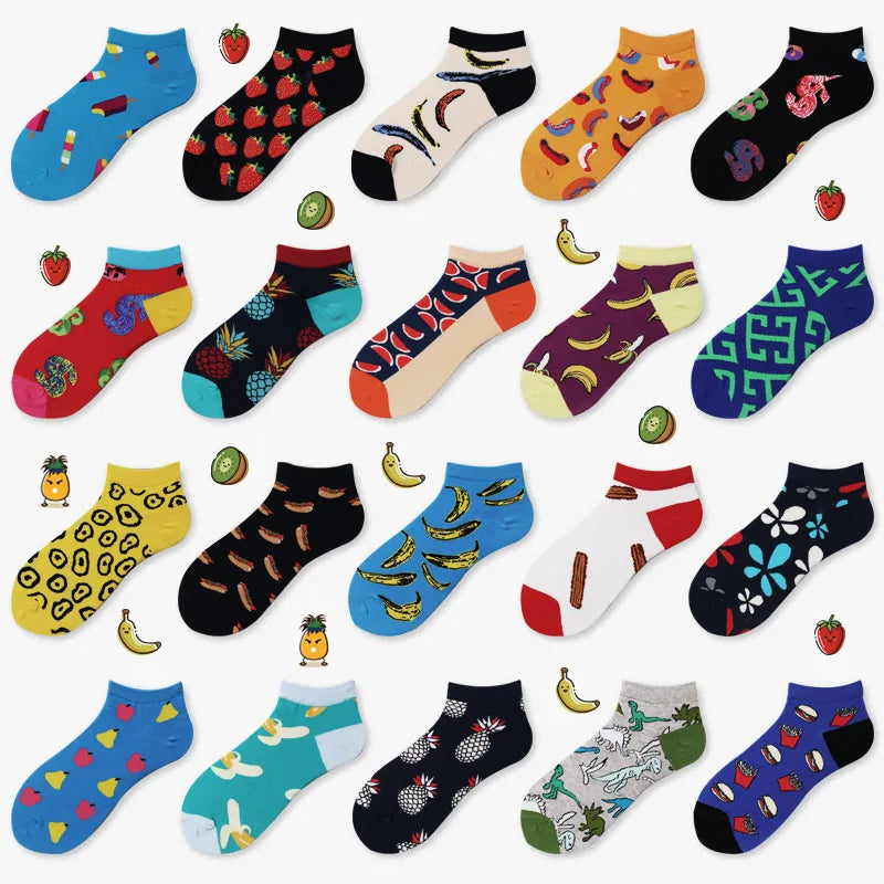XIANGHUI Wholesale Custom New Funny Dress Fruit Embroidered Fashion Jacquard Tube Multicolor Cotton Boat Ankle Fashion Socks