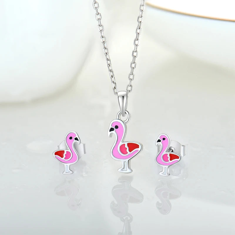 YILUN Wholesale 925 Sterling Silver Flamingo Pendant Earrings Cute Animal Enamel Jewellery Children Rhodium Fine Jewelry Set